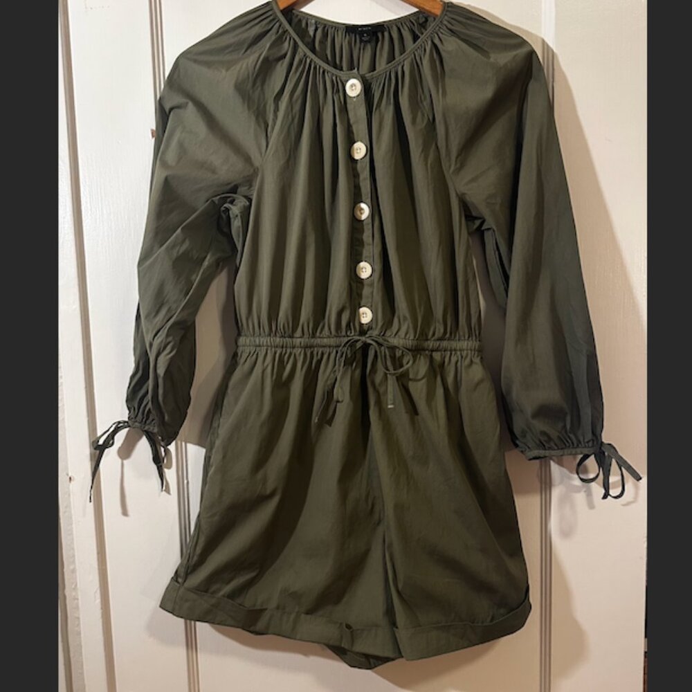 J-Crew Olive Green Cotton Poplin Tie-Sleeve Button-Front Romper Size Small